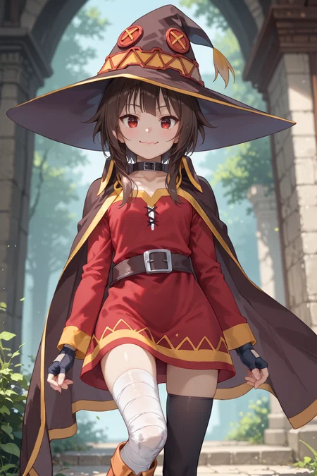 score_9, score_8_up, score_7_up, high detailed, best quality, extremely detailed, high detailed, (atmospheric perspective), blurry background, uncensored
1girl, solo, brown hair, red eyes, outdoors, small breasts, lips, nature, standing, day, bangs, medium hair, slim, slender,
BREAK
Megumin,hat,witch hat,brown hair,short hair,bangs,short hair with long locks,red eyes,collar,choker,cape,black cape,dress,red dress,long sleeves,gloves,black gloves,fingerless gloves,belt,thighhighs,black thighhighs,bandages,bandaged leg,asymmetrical legwear,boots,
<lora:Fant5yP0ny:0.4> <lora:Megumin_Illustrious:0.5> <lora:lora:0.5>
looking at viewer, smile, dynamic pose, facing at viewer, head tilt, open stance, dutch angle, from below, open arms for viewer, panicking, wavy mouth