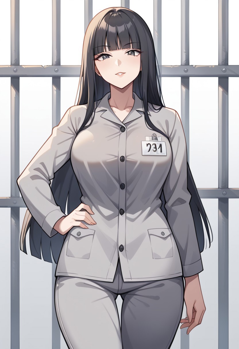 score_9, score_8_up, score_7_up, score_6_up, 1girl, solo, BREAK naomish, black hair, long hair, blunt bangs, Prison clothes, gray uniform, pants, name tag, outdoors, cowboy shot, hand on hip, mature woman, looking at viewer, evil laught