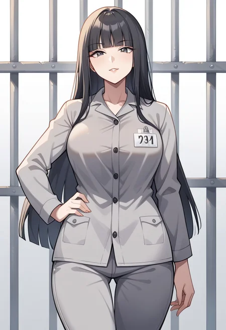 score_9, score_8_up, score_7_up, score_6_up, 1girl, solo, BREAK naomish, black hair, long hair, blunt bangs, Prison clothes, gray uniform, pants, name tag, outdoors, cowboy shot, hand on hip, mature woman, looking at viewer, evil laught