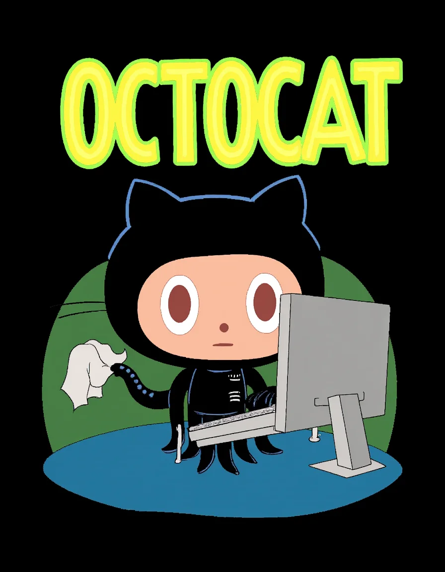 Octocat on a movie poster. The poster's text reads: "Octocat". The poster features an illustration of Octocat in a black outfit working on a computer..<lora:General Flux\octocat.safetensors:0.9500000000000001:1.0>