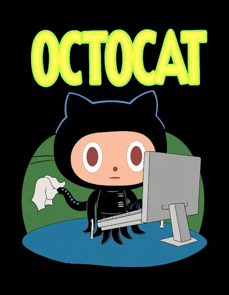 Octocat on a movie poster. The poster's text reads: "Octocat". The poster features an illustration of Octocat in a black outfit working on a computer..<lora:General Flux\octocat.safetensors:0.9500000000000001:1.0>