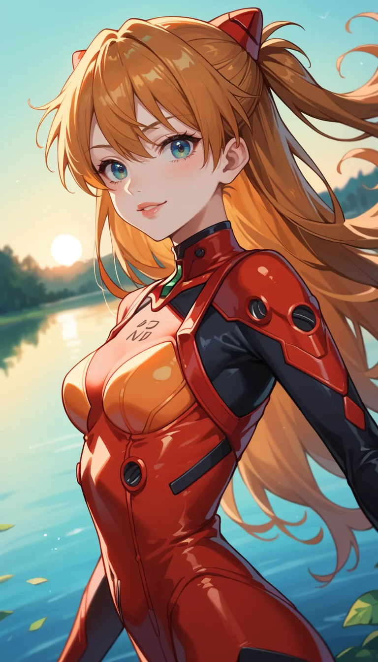 score_9, score_8_up, score_7_up, Anime Style, Portrait, Asuka Langley Soryu, cute, seductive, innocent, light smile:0.3, plump lips, slender body, long hair, floating hair, red plugsuit, sunset, lake background, depth of field, dynamic angle, fashion photography, sharp, hyperdetailed:1.15