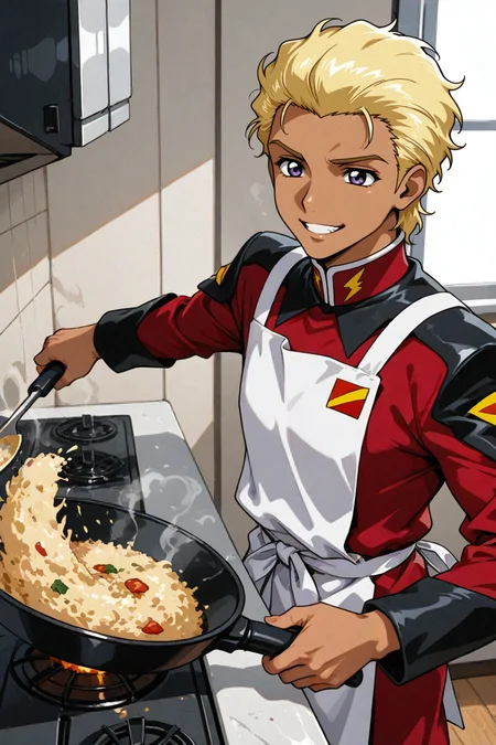 <lora:Dearka_Elsman__Mobile_Suit_Gundam_SEED_Pony_XL:1> dearka_elsman, purple eyes, blonde hair, red uniform,
dearka elsman, gundam seed, purple eyes, dark skin, blonde hair, short hair, hair slicked back, wavy hair,
1boy, solo, smile, teeth, (from side:0.3),
(fried rice prank \(meme\):1.4),
cooking, fried rice, steam, holding frying pan,
white apron, military uniform, red jacket, long sleeves,
indoors, kitchen, stove, fire,
<lora:dmd2_sdxl_4step_lora_fp16:1>