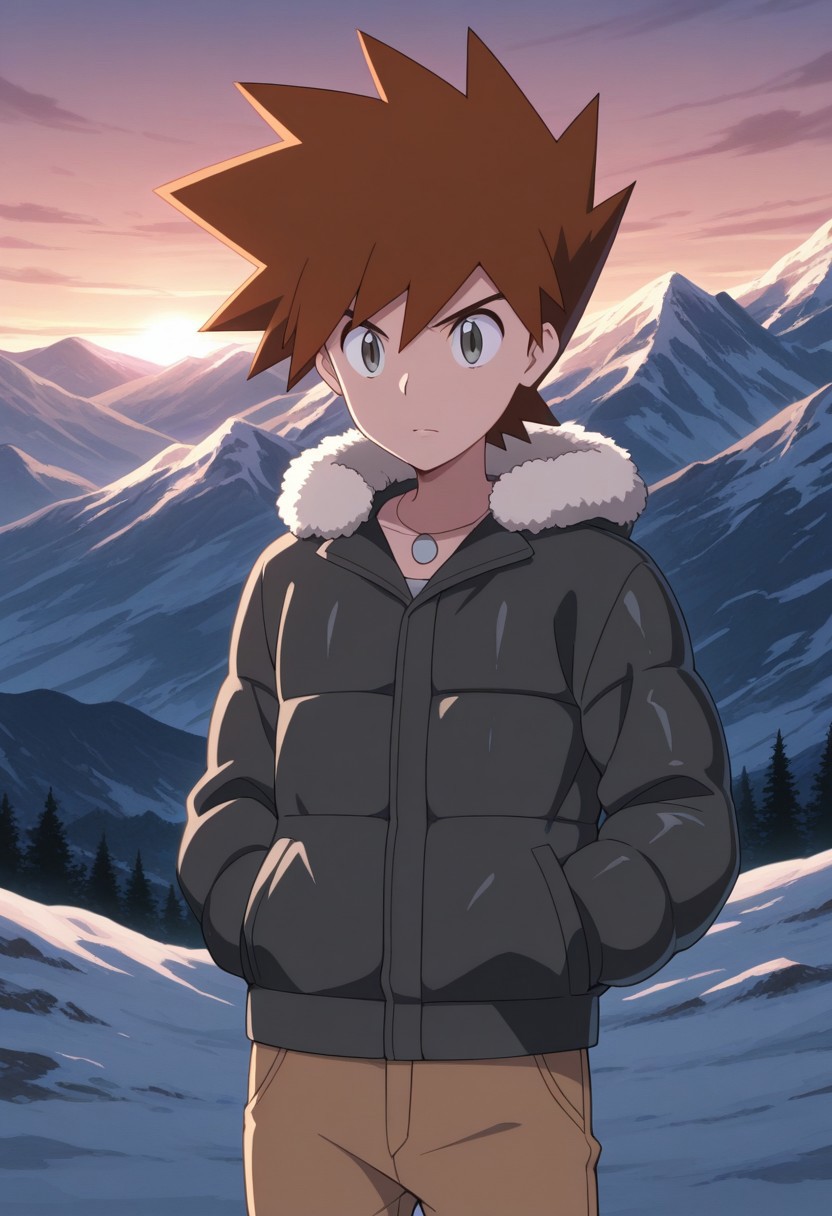 masterpiece,best quality,amazing quality, source_anime, 
shige_jou, 1boy, male focus, solo, grey eyes, brown hair, spiked hair, jacket, black jacket, fur trim, hood, jewelry, necklace, pants, brown pants,
outdoor, mountains,