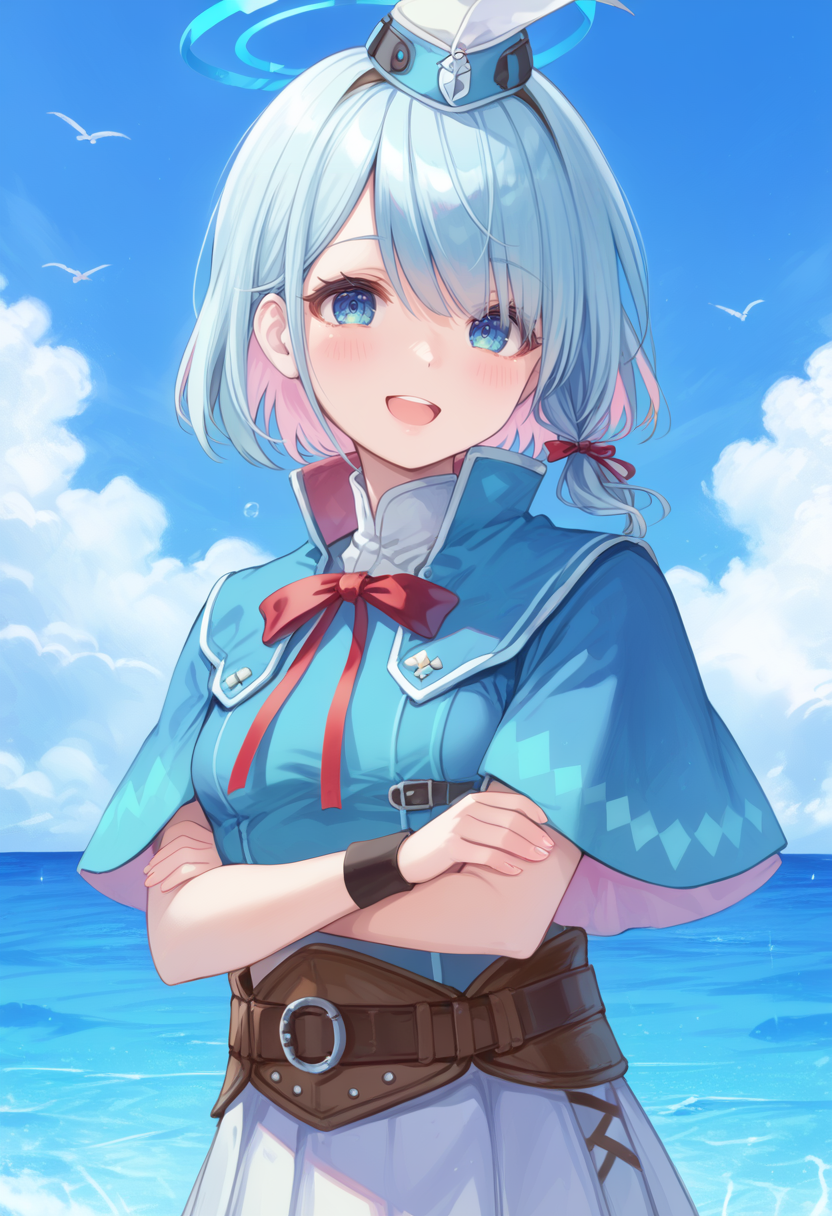 (score_9:0.9),score_8_up,score_7_up,rating_safe,(zPDXL),<lora:hub lass and Brigade Armor ponyXL v1.2:0.76>,brigade clothes,1girl,solo,open mouth,smile,blush,:d,upper body,cyan hat,red neck ribbon,cyan capelet,cyan clothes,white mini skirt,arona \(blue archive\),<lora:arona_blue archive_PONY_last:1>,