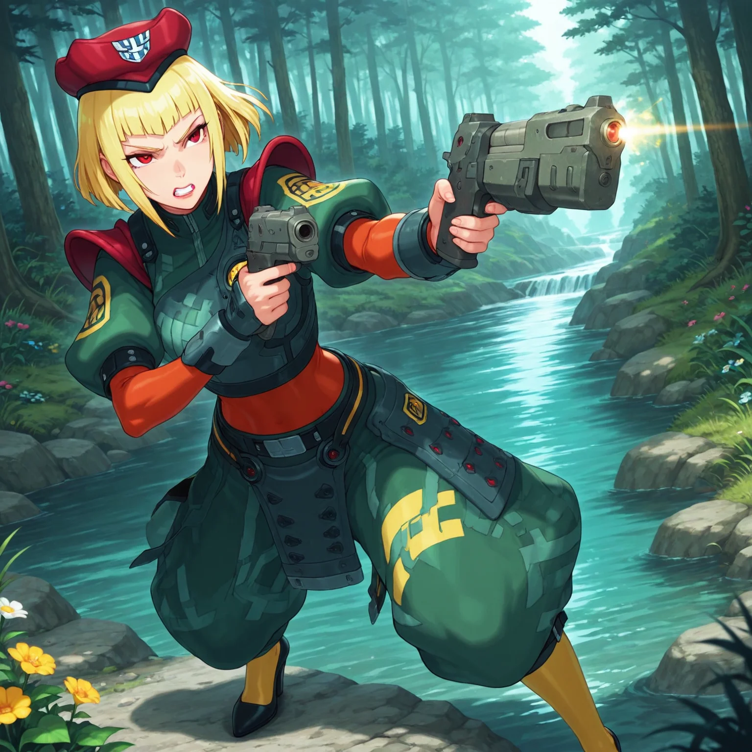 masterpiece, best quality, amazing quality, psoramarl, 1girl, solo, blonde hair, blunt cut, medium hair, sidelocks, red eyes, lipstick, orange undershirt, long sleeves, military uniform, green uniform, waist armor, red shoulder pads, armor, arm guard, belt, heels, yellow stockings, heels, holding gun, aiming, forest, river, rocky hills, flowers, trees, serious, clenched teeth, red beret, baggy pants