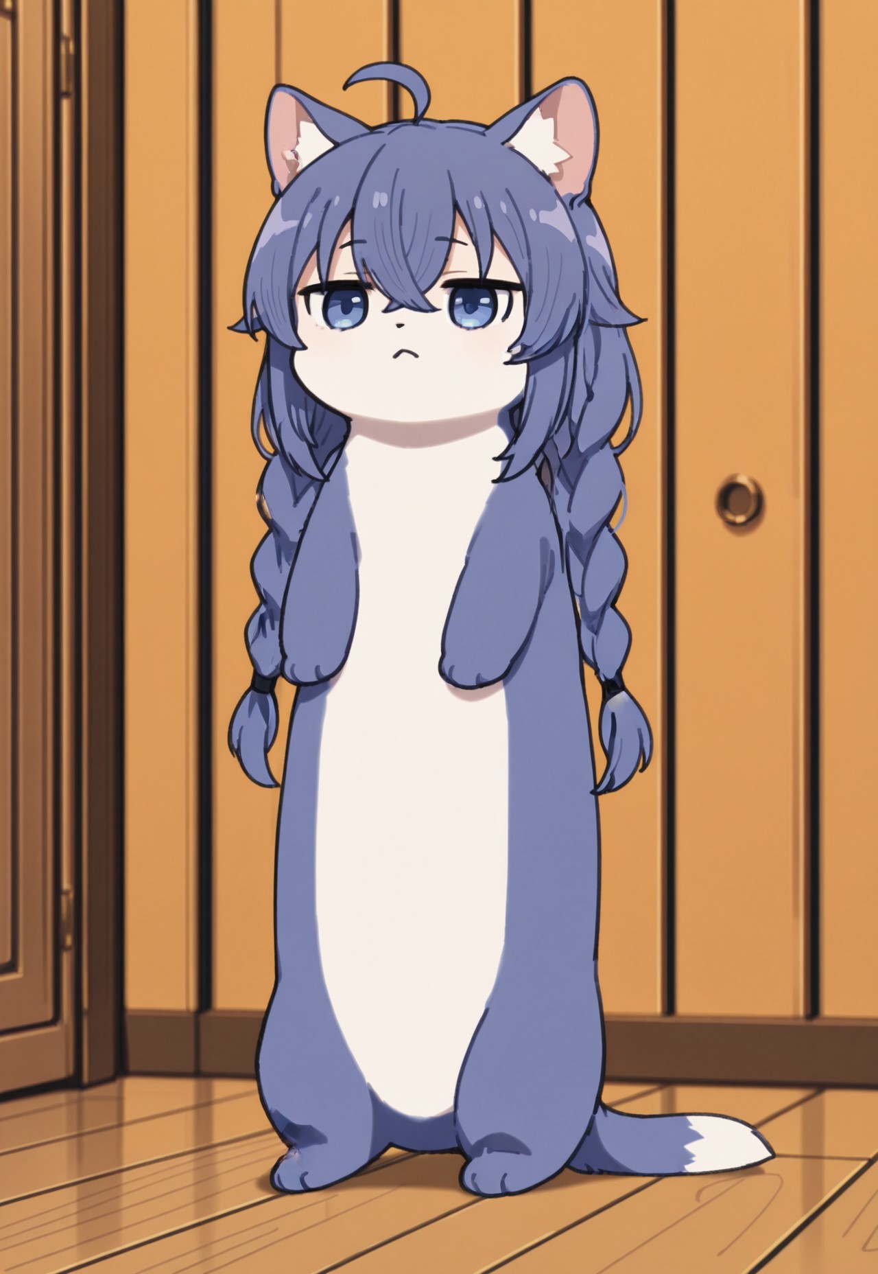 masterpiece,best quality,newest,absurdres,highres,very aesthetic, chibi,animalization,full body,animal ears, longcat \(meme\), zzRoxy, blue eyes, hair between eyes, ahoge, blue hair, long hair, twin braids, crossed bangs, m-mouth