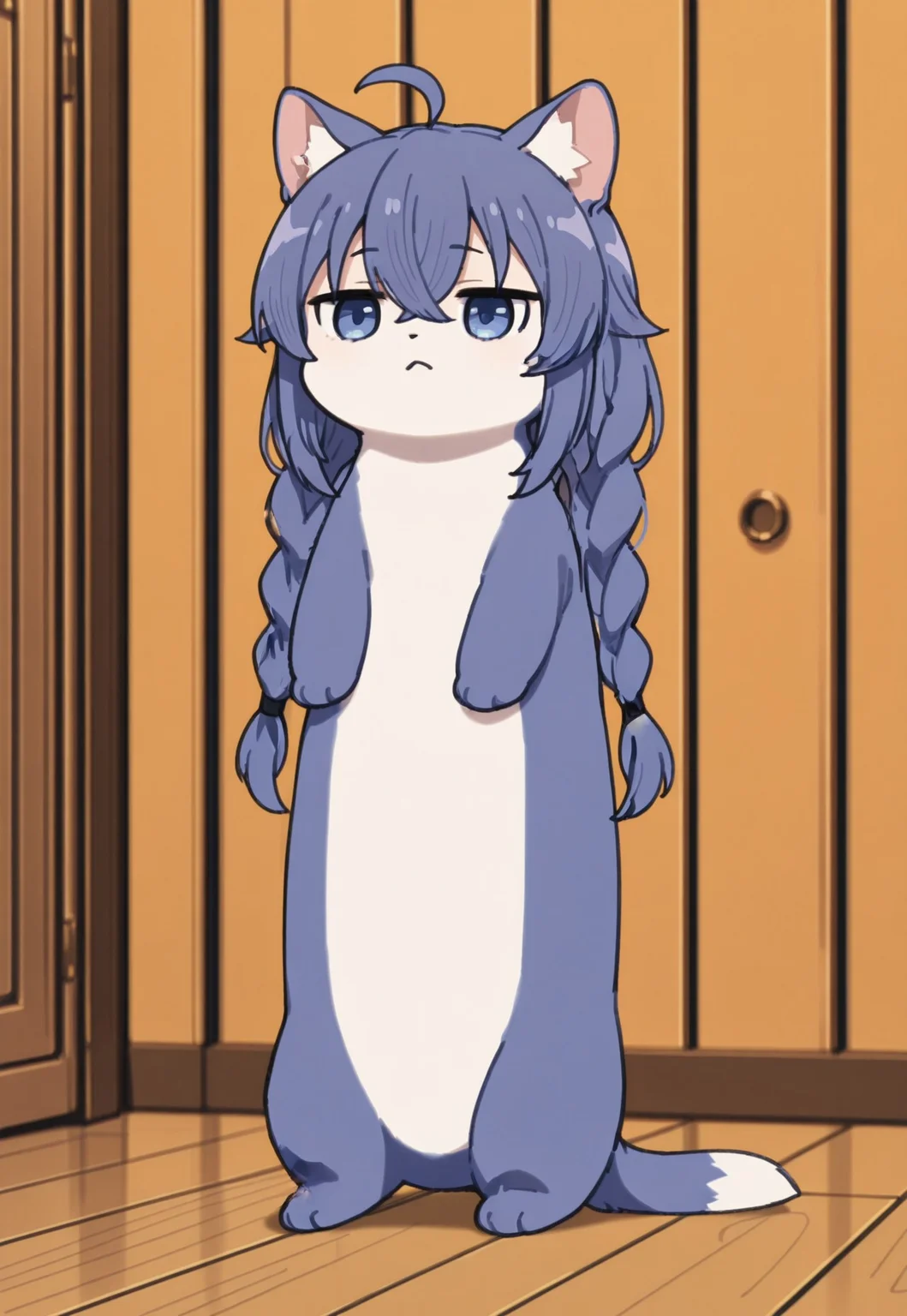 masterpiece,best quality,newest,absurdres,highres,very aesthetic, chibi,animalization,full body,animal ears, longcat \(meme\), zzRoxy, blue eyes, hair between eyes, ahoge, blue hair, long hair, twin braids, crossed bangs, m-mouth