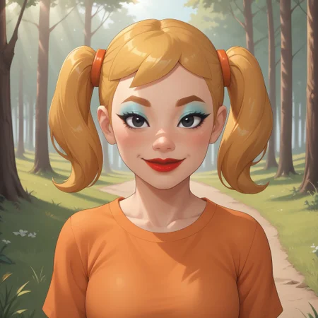 score_9, score_8, BREAK, solo, mii, wii, wii sports, 1girl, female mii, cute, attractive, blonde hair, twintails, dark blonde eyebrows, makeup, blush, blue eyeshadow, red lips, lipstick, orange clothing, white pants, breasts, Nintendo Mii, modern_mii, classic_mii, Midoriya_(OC_Mii), black eyes sexy pose, smile, outdoors, sunlight, shadows, evening lighting, natural lighting, forest, trees, grass, orange sky, sunset