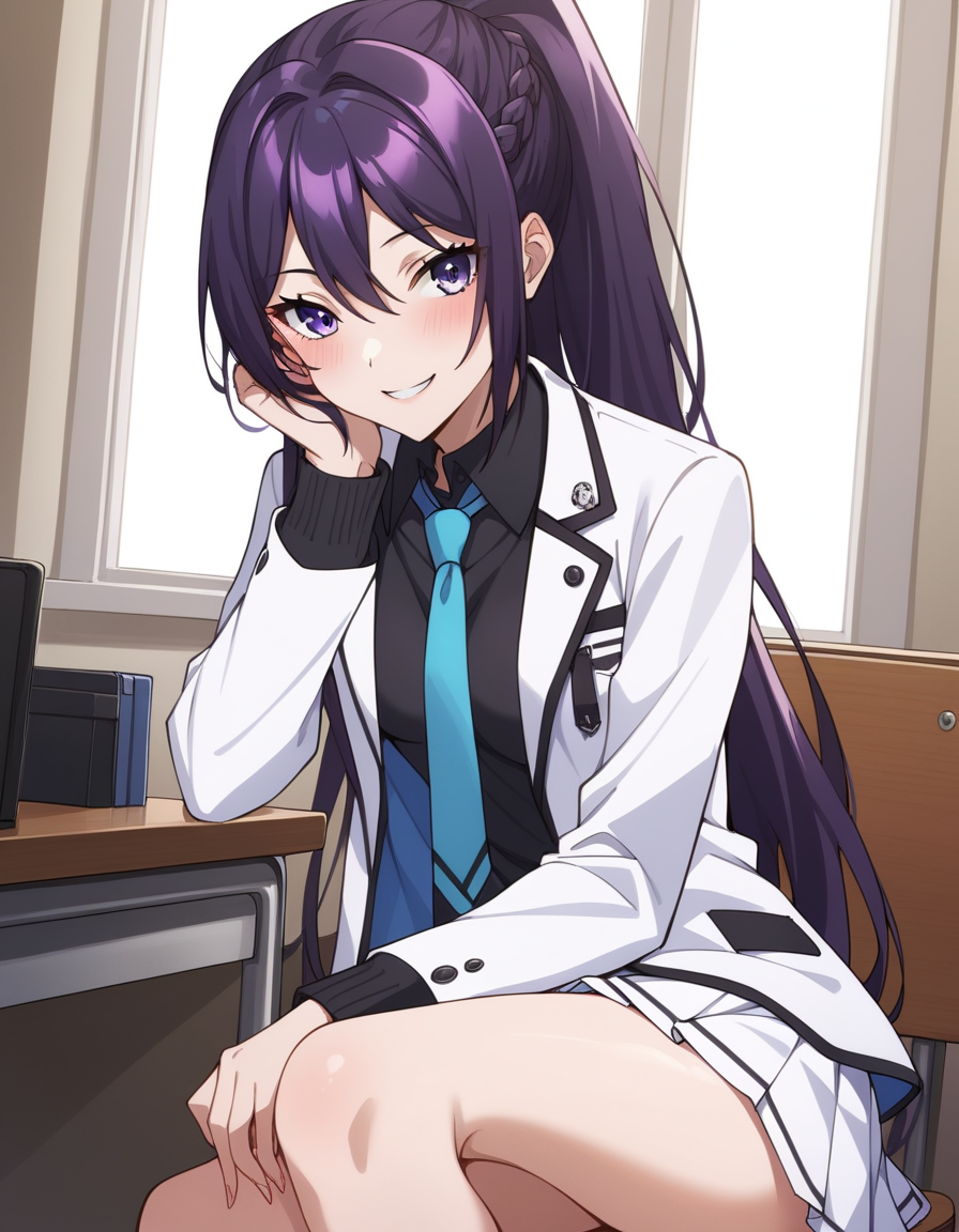score_9, score_8_up, score_7_up, source_anime, uncensored, <lora:StS_detail_slider_v1:3>, zPDXLxxx, <lora:Rin_Kanzaki_PONYXL_VexVexX:1>, RinKanzaki, 1girl, purple eyes, purple hair, ponytail, long hair, braid, bangs, hair between eyes, bangs, medium-small breasts, school uniform, white jacket, white skirt, black shirt, blue necktie, cowboy shot, bedroom, from front, Sitting on a chair with legs crossed, leaning forward slightly with hands resting on knees, thighs, looking at viewer, smile,