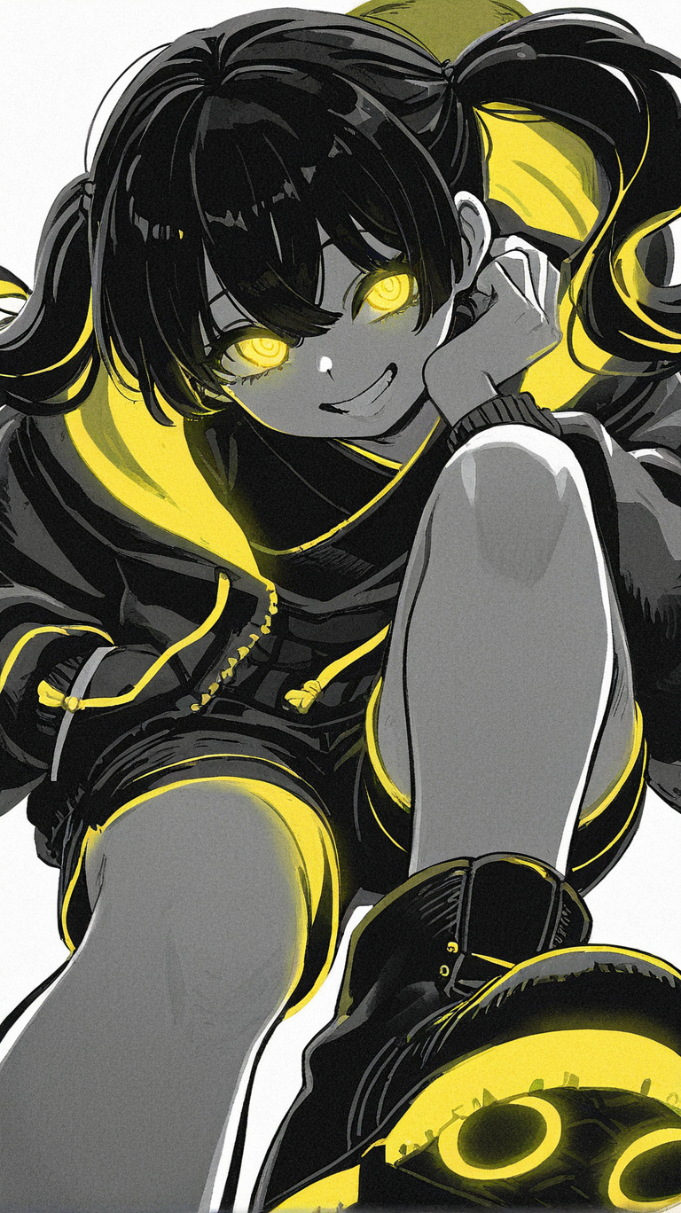 1girl, solo, long_hair, looking_at_viewer, smile, bangs, simple_background, white_background, hair_between_eyes, twintails, monochrome, yellow_eyes, greyscale, boots, shorts, teeth, hood, grin, short_shorts, hoodie, glowing, glowing_eyes, spot_color