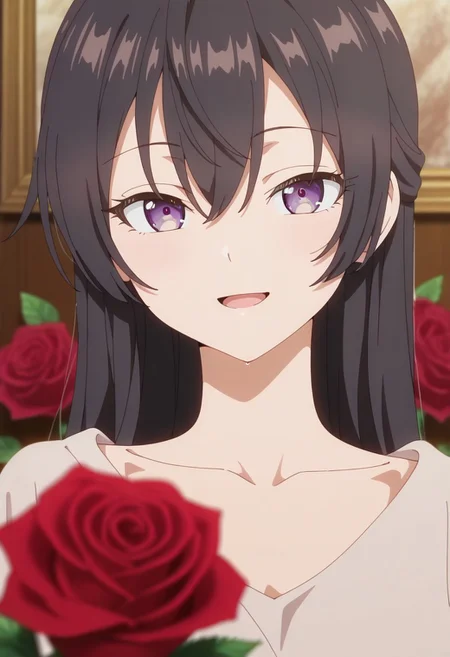 masterpiece,best quality,amazing quality,
, yuki suou, long hair, black hair, purple eyes, flower, rose, red flower, red rose, smile, depth of field, looking at viewer, open mouth, hair between eyes, collarbone, 1girl, solo, anime coloring
