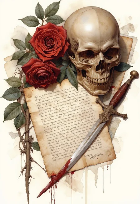score_9, score_8_up, score_7_up, 8k high quality digital painting, masterpiece, very detailed, ultra realistic, (best quality) very detailed epic masterpiece, we see a skull and red roses, next to it lies a handwritten letter and a blood-stained dagger, watercolor, water colors, the edges blend into the white of the paper, realistic, realism, full body