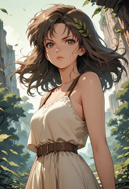 score_9, score_8_up, score_7_up, score_6_up, source_anime,
1girl, long white sleeveless Toga, 1 shoulder strap, long dress, bronze shoulder pins, brown string belt, green leafy laurel , brown eyes, in motion, equipment, wind, stands spectacularly,beautiful angle, epic, atmospheric,high detail, looking at viewer, halftone effect, retro artstyle