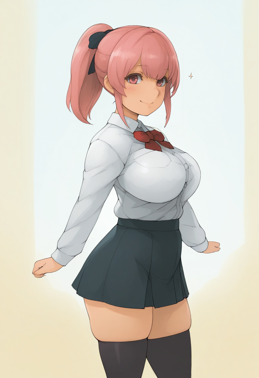 masterpiece, best quality,
 <lora:koboshi_no_niwa:1> k0b0sh1n0n1w4, watercolor \(medium\),  1girl, solo,standing,looking at viewer, happy, closed mouth,pink hair, ponytail, pink eyes,school uniform, bow, long sleeves, skirt, skindentation, thighhighs,