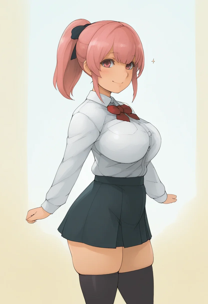 masterpiece, best quality,
<lora:koboshi_no_niwa:1> k0b0sh1n0n1w4, watercolor \(medium\), 1girl, solo,standing,looking at viewer, happy, closed mouth,pink hair, ponytail, pink eyes,school uniform, bow, long sleeves, skirt, skindentation, thighhighs,