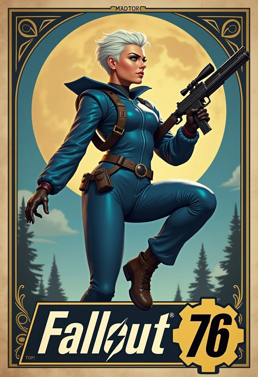 Imagine an Action Hero movie poster for a science fiction movie with art deco framing. Written across across the lower third of the poster in bold, block font are the words "Fallout 76". The Hero woman with blue eyes an white hair hime cut holding an submachine gun steampunk, wearing a one-piece blue fallout 76 suit, in an action pose hero landing. xia, ArsMJStyle, Rococo Steampunk, detailmaximizer, vintage speedpaint, ossttn,