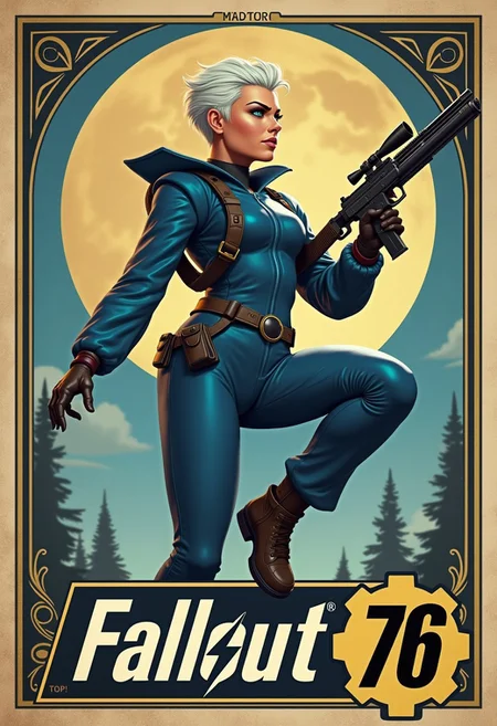 Imagine an Action Hero movie poster for a science fiction movie with art deco framing. Written across across the lower third of the poster in bold, block font are the words "Fallout 76". The Hero woman with blue eyes an white hair hime cut holding an submachine gun steampunk, wearing a one-piece blue fallout 76 suit, in an action pose hero landing. xia, ArsMJStyle, Rococo Steampunk, detailmaximizer, vintage speedpaint, ossttn,