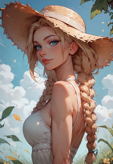 safe_pos, score_9, score_8_up, score_7_up, score_6_up, 1girl, braids, blonde hair, blue eyes, looking at viewer, white summer dress, straw hat, green fields, sunshine, slight smirk, MiraBelle666, side view, coy