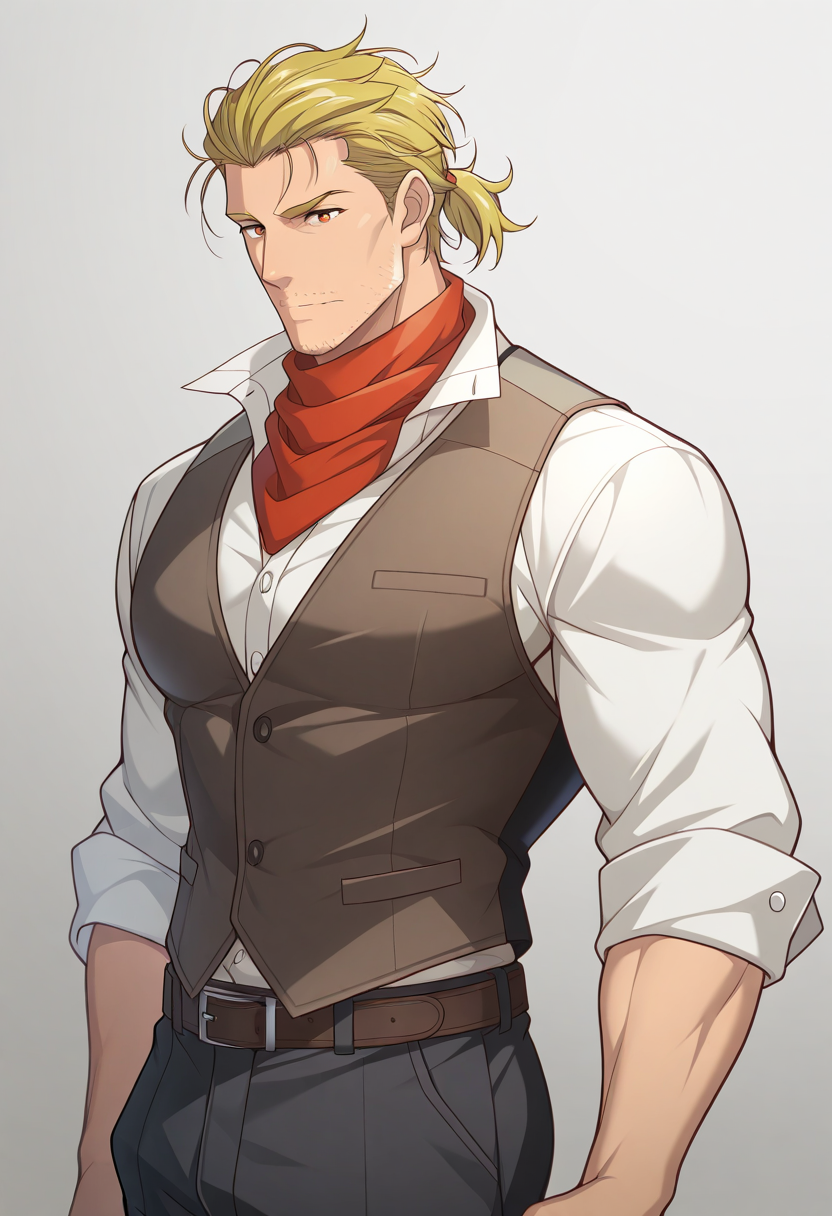 <lora:The_builder_from_the_anime_The_Unaware_Atelier_Master:1>, safe_pos, solo, masterpiece, best quality, newest, absurdres, highres, high quality, highly detailed, ultra hd, best quality, male focus, (absurdres, highres), official art, bright,
T_U_A_M, yellow hair, stubble, amber eyes, disheveled hair, hair combed back, long hair, short ponytail, Male, Adult, Mature, Manly,  wide-collared shirt, vest, belt, pants, scarf
