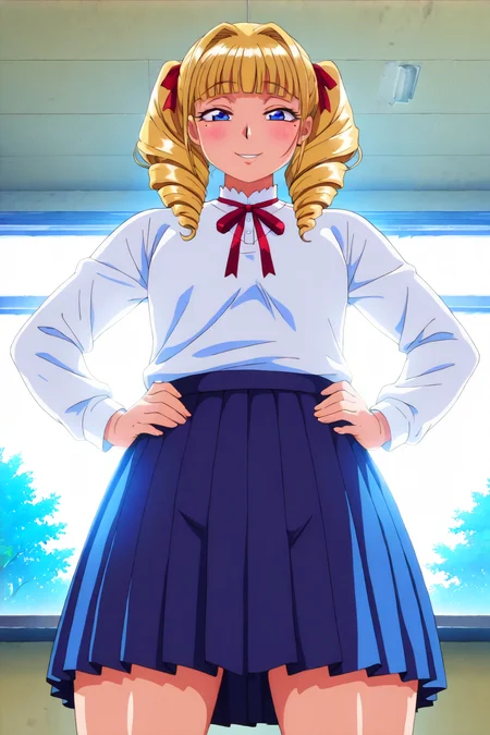 <lora:anime_screencap-IL v-pred:1.5>,<lora:T-rex_studio_animation_style>,<lora:Pony_DetailV2.0:-1>,<lora:1990_Style_Pony:0.5>,(solo:1.5),
score_9,score_8_up,score_7_up,score_6_up,score_5_up,score_4_up,source_anime,(front light:1.8),
masterpiece,absurdres,highres,highest quality,Super detailed,32K,High resolution,an extremely delicate and beautiful,Official Art,perfect anatomy,
(Contrasting colors,octane rendering,Fully painted,anime coloring,anime screencap,Cel-shaded anime,1990s (style),retro artstyle:1.25),
perfect face,ultradeTailed eyes,beautiful,sexy,supermodel,athletic body,shiny skin,Dramatic light,thigh,(curvy:1.1),(scale to fit the dimensions:1.2),
<lora:agawa-000019:1.2>,((4g4w4:1.5)),blonde hair,((twin drills:1.3)),hair intakes,mole under eye,sanpaku,blunt bangs,(broad shoulders,plump:1.3),small breasts,wide hip,thick thigh,parted lips,blush,
(schoolwear, long sleeve shirt,red ribbon, pleated skirt:1.5),long hair,blunt bangs,standing,parted lips,blush,legs apart,looking at viewer,((day,smile,hands on own hips,indoor,classroom:1.5)),<lora:Classroom-IL:1>,((from_below:1.5)),
