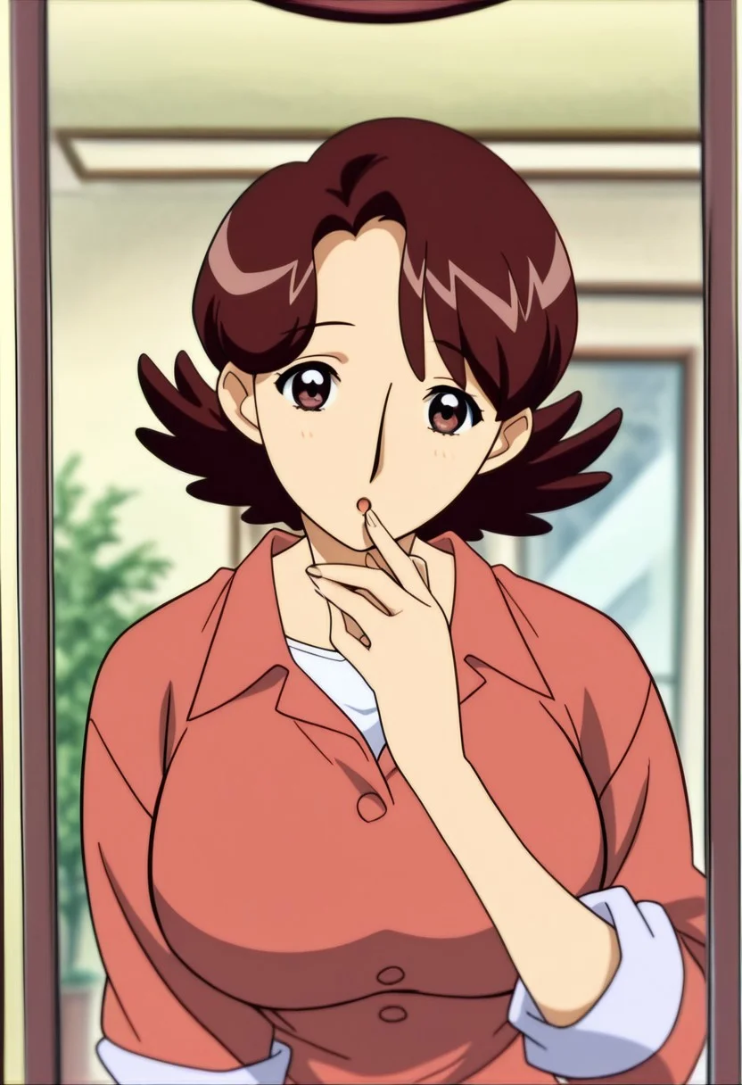 best quality, masterpiece, anime screencap, anime coloring, ultra detailed, source_anime, intricate details, perfect anatomy, 1girl, solo, looking at viewer,
harukaze haruka, brown hair, short hair, flipped hair, bangs, parted bangs, brown eyes, breasts, large breasts, mature female,
upper body, smile, happy,
shirt, red shirt, pants, shoes, white shirt, open mouth, shirt, collared shirt, sleeves rolled up, buttons,
:o, open mouth, finger to mouth, plant, reflection, mirror, indoors, blurry,