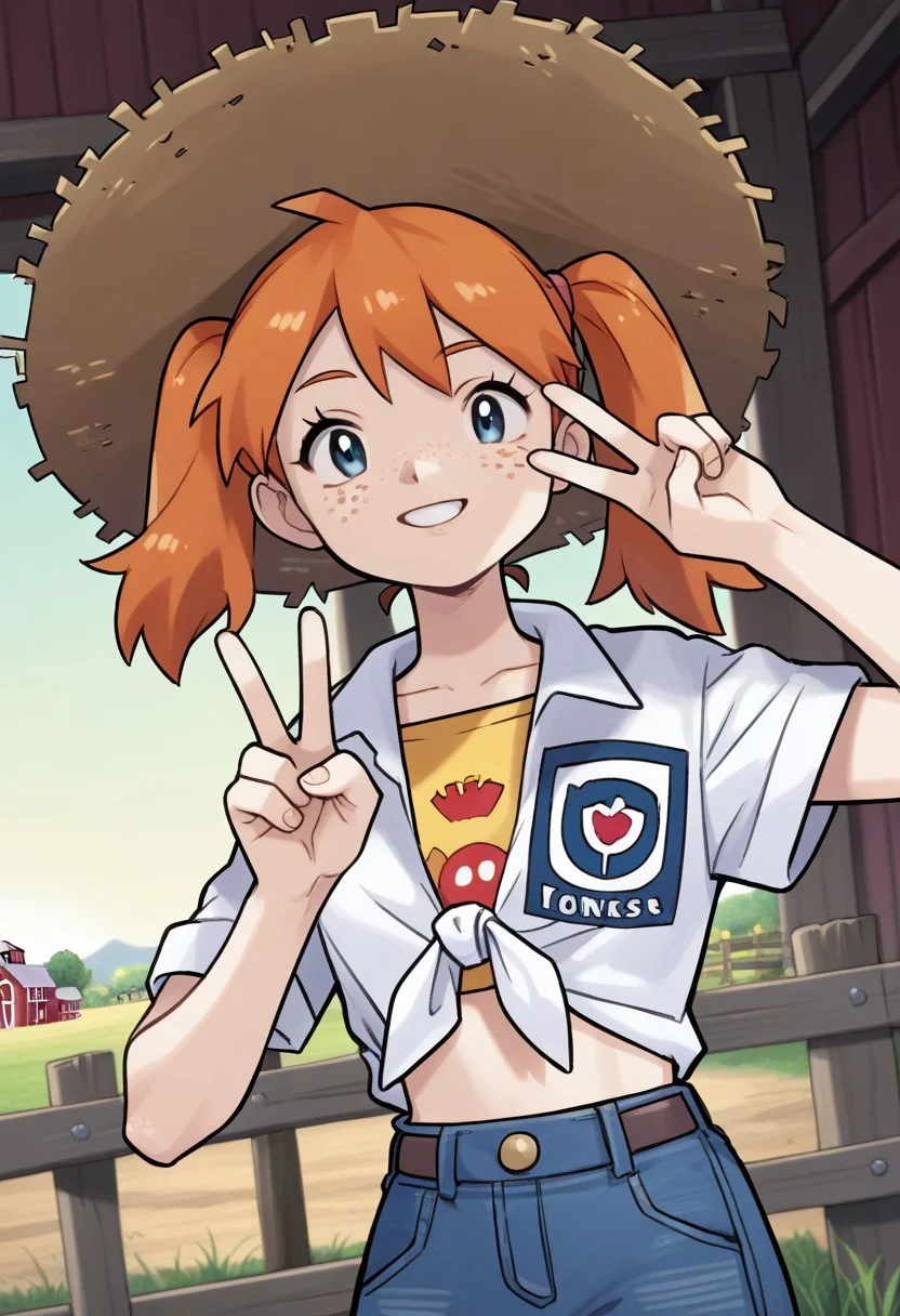 (source_anime, score_9, score_8_up, score_7_up:1), 1girl, solo, orange hair, twintails, freckles, straw hat, tied shirt, peace sign, looking at viewer, outdoors, farm
