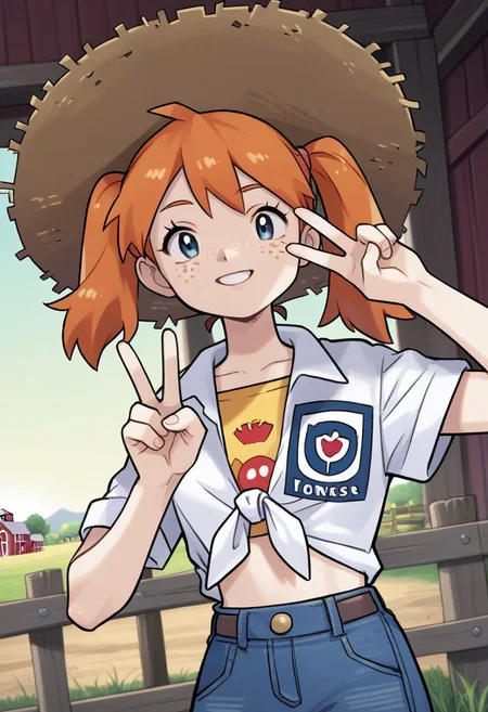 (source_anime, score_9, score_8_up, score_7_up:1), 1girl, solo, orange hair, twintails, freckles, straw hat, tied shirt, peace sign, looking at viewer, outdoors, farm