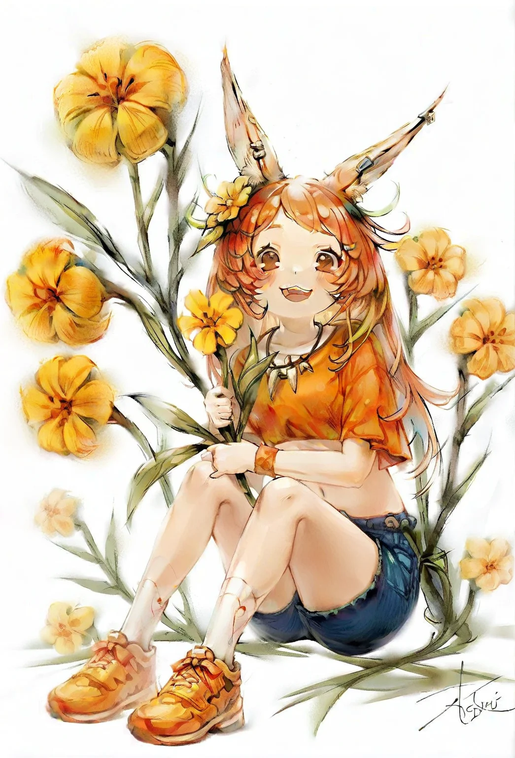 1girl, mori,
animal ears, rabbit ears, rabbit girl, crop top, sitting, white background, shirt, earclip, yellow flower, midriff, cropped shirt, upper teeth only, solo, brown eyes, socks, short sleeves, shorts, full body, animal ear fluff, long hair, open mouth, sneakers, holding, teeth, orange hair, signature, looking at viewer, flower, wristband, blush stickers, orange shirt, shoes, necklace, hair ornament, holding flower, simple background, white socks, hair flower, smile, :3, orange footwear, blush, blue shorts, navel, knees up, jewelry, artist name
<lora:mori:1>