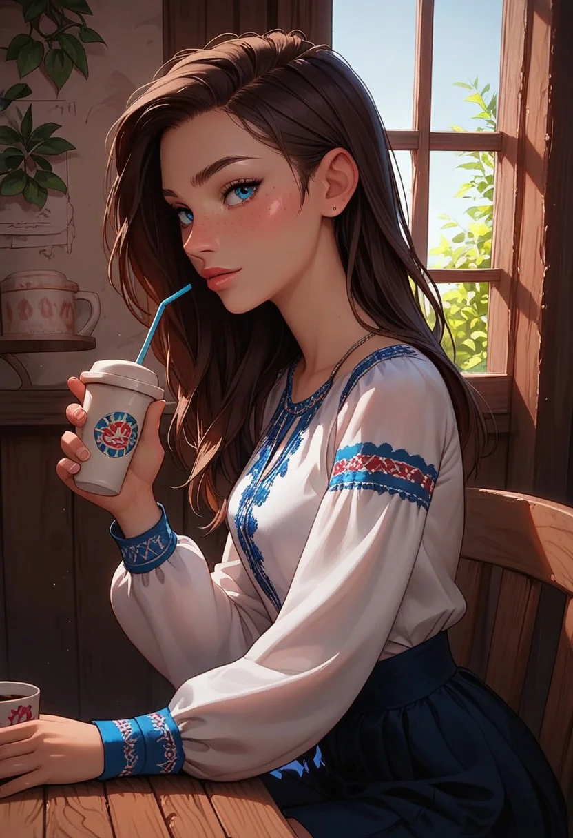 score_9, score_8_up, score_7_up, score_6_up,
1girl, 25 years old, perfect face, cute, petite, looking at viewer,
blue eyes, freckles,
ukrainian female, Vyshyvanka, Ukrainian embroidered shirt, embroidered shirt,
embroidered shirt, skirt, modern cafe, modern city, drink coffee, sit in chair, coffee on table, side view