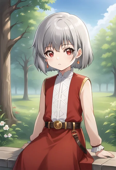 (masterpiece),inglis eucus, grey hair, red eyes, 1girl, jewelry, looking at viewer, belt, solo, outdoors, earrings, sitting,short hair, , female child, child