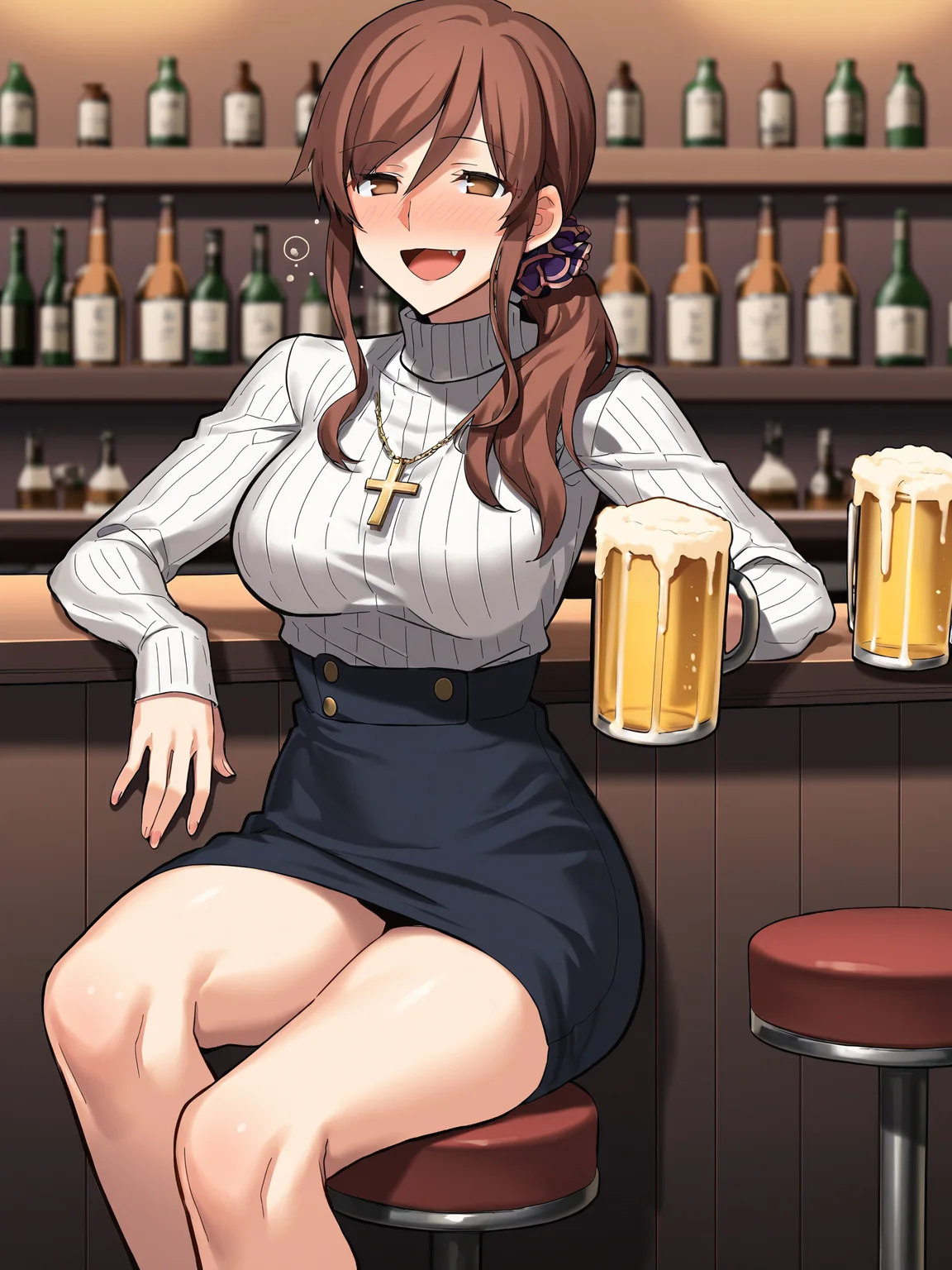 score_9, score_8_up, score_7_up, source_anime, BREAK
detailed face, detailed eyes, <lora:Tsukihime_Noel_Aizome_Pony_v1:0.9>, 1girl, (late night bar, drunk,sitting on bar stool, at bar:1.5), (holding a beer mug:1.5), smiling, (white turtleneck, ribbed turtleneck:1.5), pencil skirt, black skirt, cross necklace, hair between eyes, thigh, bare legs, brown hair, (swept bangs:1.1), hair scrunchie, purple scrunchie, hair over shoulder, thicc thighs, crossed legs,