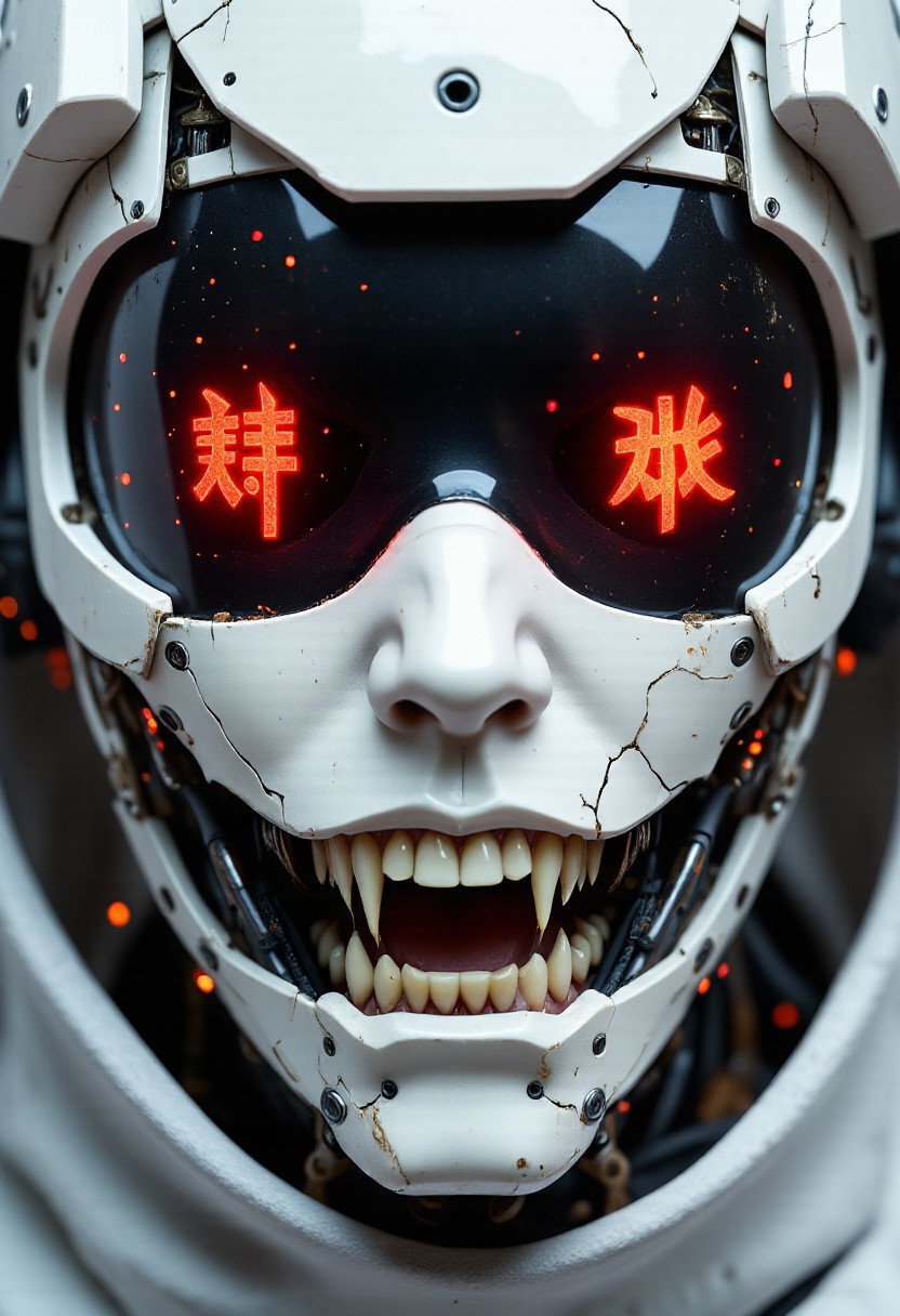 portrait of a hyper-detailed close-up of a rabid robotic Samurai nun reimagined as a cursed warrior from feudal Japan, her face half-hidden beneath a cracked lacquered kabuto helmet, glossy black visor reflecting glowing red kanji glyphs scrolling like a digital sutra. Her porcelain-white face armor is fractured, stitched with iron staples and exposed tendon-like steel cords. Black ink cracks explode from impact points like war scars. Her lips curl into a mechanical snarl, exposing serrated chrome teeth behind a shattered mempo mask. Crimson prayer seals flicker deep within her eye sockets like possessed lanterns. Her torn veil now fused with ancient yoroi plating, ritual inscriptions in blood-red characters etched across her forehead like a blasphemous invocation. Hair-like black wires spill from under her helmet, snaking like cursed serpents. Violent ink splashes and static halos suggest divine malfunction, a spectral presence — sacred and horrifying. Color palette strictly white, blood-red, and obsidian black. Twitching mechanical juzu beads hang from her wrist like haunted relics. Captured in dramatic, low-angle 8K cinematic composition, every etched surface trembling with divine rage and machine precision — the ghost of a warrior priestess fused with war-born code. Studio Ghibli Dark Fairytale, hkevil, ajpasbot