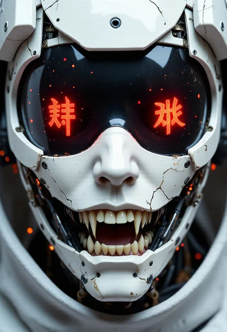 portrait of a hyper-detailed close-up of a rabid robotic Samurai nun reimagined as a cursed warrior from feudal Japan, her face half-hidden beneath a cracked lacquered kabuto helmet, glossy black visor reflecting glowing red kanji glyphs scrolling like a digital sutra. Her porcelain-white face armor is fractured, stitched with iron staples and exposed tendon-like steel cords. Black ink cracks explode from impact points like war scars. Her lips curl into a mechanical snarl, exposing serrated chrome teeth behind a shattered mempo mask. Crimson prayer seals flicker deep within her eye sockets like possessed lanterns. Her torn veil now fused with ancient yoroi plating, ritual inscriptions in blood-red characters etched across her forehead like a blasphemous invocation. Hair-like black wires spill from under her helmet, snaking like cursed serpents. Violent ink splashes and static halos suggest divine malfunction, a spectral presence — sacred and horrifying. Color palette strictly white, blood-red, and obsidian black. Twitching mechanical juzu beads hang from her wrist like haunted relics. Captured in dramatic, low-angle 8K cinematic composition, every etched surface trembling with divine rage and machine precision — the ghost of a warrior priestess fused with war-born code. Studio Ghibli Dark Fairytale, hkevil, ajpasbot