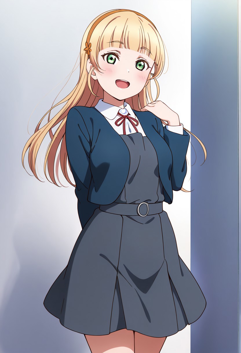 masterpiece, best quality, solo, 1girl, aged up, happy, 
sumire_heanna, long hair, bangs, blonde hair, green eyes, hairband, blunt bangs, orange hairband, shirt, dress, ribbon, jacket, white shirt, open clothes, collared shirt, open jacket, red ribbon, neck ribbon, blue jacket, pinafore dress, grey dress, yuigaoka school uniform, happy, standing,