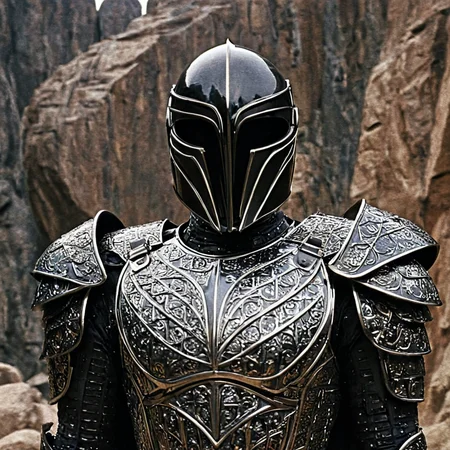 <lora:Year_3000_Movie_StillsSDXL:1> ArsMovieStill, A movie still from the year 3000s, The image shows a person wearing a full suit of armor standing in front of a rocky background. The armor appears to be made of metal and has a shiny metallic finish. The person is wearing a black helmet with a large visor and a faceplate that covers the entire face. The helmet has a pointed chin and a small chin guard. The body of the armor is covered in a pattern of small intricate designs and patterns. The suit is also equipped with shoulder pads and a chest plate that covers most of the person's chest and arms. The overall appearance is sleek and modern., helmet, armor, solo, male focus, blurry background, full armor, blurry, 1boy, upper body, breastplate
