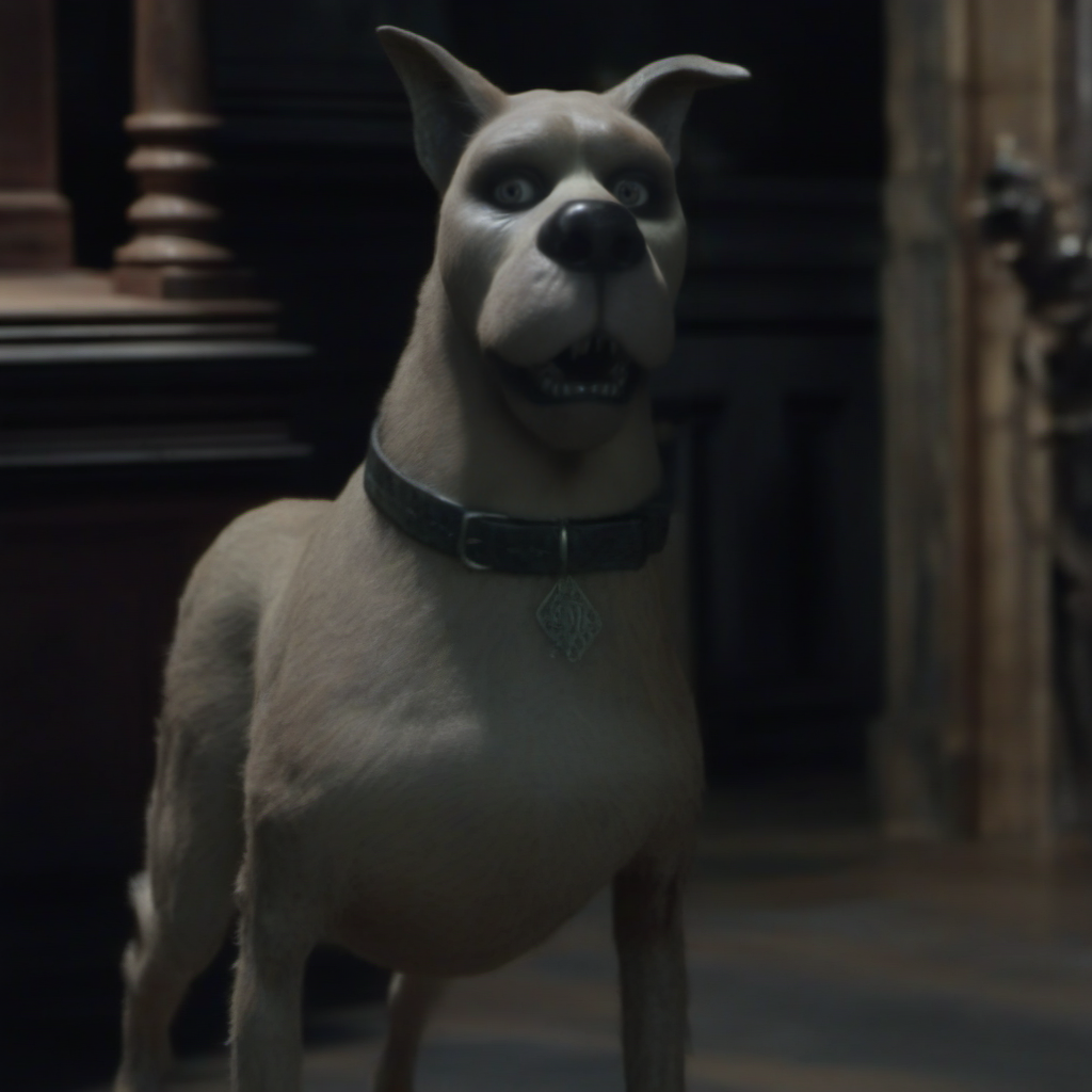 Horror-themed a dog with a collar scared in haunted mansion <lora:ScoobyDoo1024:0.8> . Eerie, unsettling, dark, spooky, suspenseful, grim, highly detailed