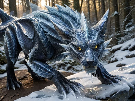 <lora:MH_Lunagaron_a1_8_PonyXL:.7>, score_9,score_8_up,score_7_up, nature photography, (Close up, extreme closeup, extreme portrait:1.5) 
, high angle shot shot , face focus,
mhlunga,solo,feral,detailed background,yellow eyes,black sclera,forest,snow,ice claws ,ice glass spikes,(made of glass:1.2),standing on hind legs
backlight, dramatic lighting, melting ice, dripping
hardlight , bloom, translucent glass, subsurface scattering, sharp hyper detailed, (shiny glass skin:1.2), (ultra-detailed scales:1.1), bright highlights, <lora:RM_Enhancer_v1.0_bf16:.1>  <lora:sdxl_glass:1> <lora:p:.2> <lora:Add_More_details_SD3:.5>