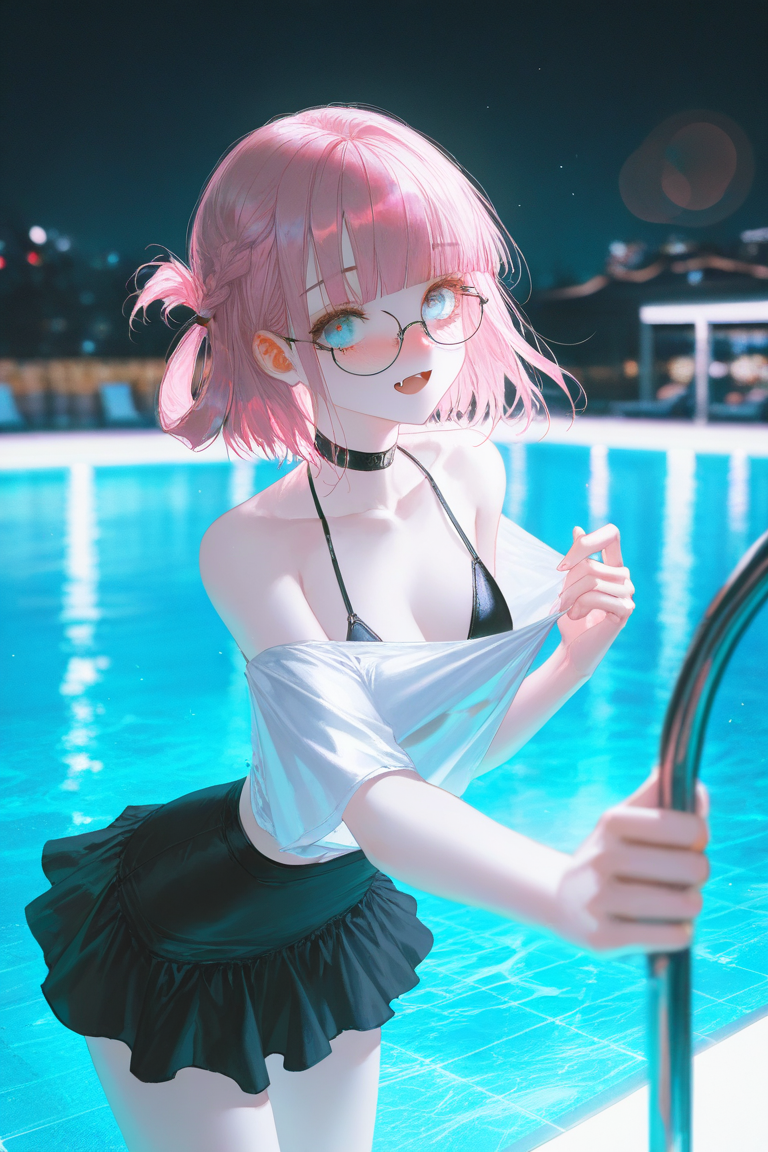 depth of field,light particles,lens flare,(artist:quasarcake:0.8),extreme aesthetic,(wlop:0.6),wanke,rella,wanke,masterpiece,best quality,good quality,newest,year 2024,year 2023,very aesthetic,absurdres,Visual impact,Electromotive force,perspective composition,A shot with tension,ultra-high resolution,32K UHD,sharp focus,best quality,masterpiece,Emotionalization masterpiece,unconventional supreme,masterful details,with a high end texture,in the style of fashion photography,(Visual impact:1.2),giving the poster a dynamic and visually striking appearance,impactful picture,offcial art,colorful,splash of color,movie perspective,masterpiece,best quality,amazing quality,very aesthetic,absurdres,best quality,newest,masterpiece,best quality,good quality,
1girl, solo, open mouth, light smile, fang, nose blush, pink hair, short hair, braid, blunt bangs, hair rings, blue eyes, kusaBikini, glasses, black choker, off-shoulder shirt, white shirt, short sleeves, bikini skirt, black skirt, leaning forward, shirt pull, bra,
looking at viewer, cowboy shot, blurry background, photo background, night, pool,