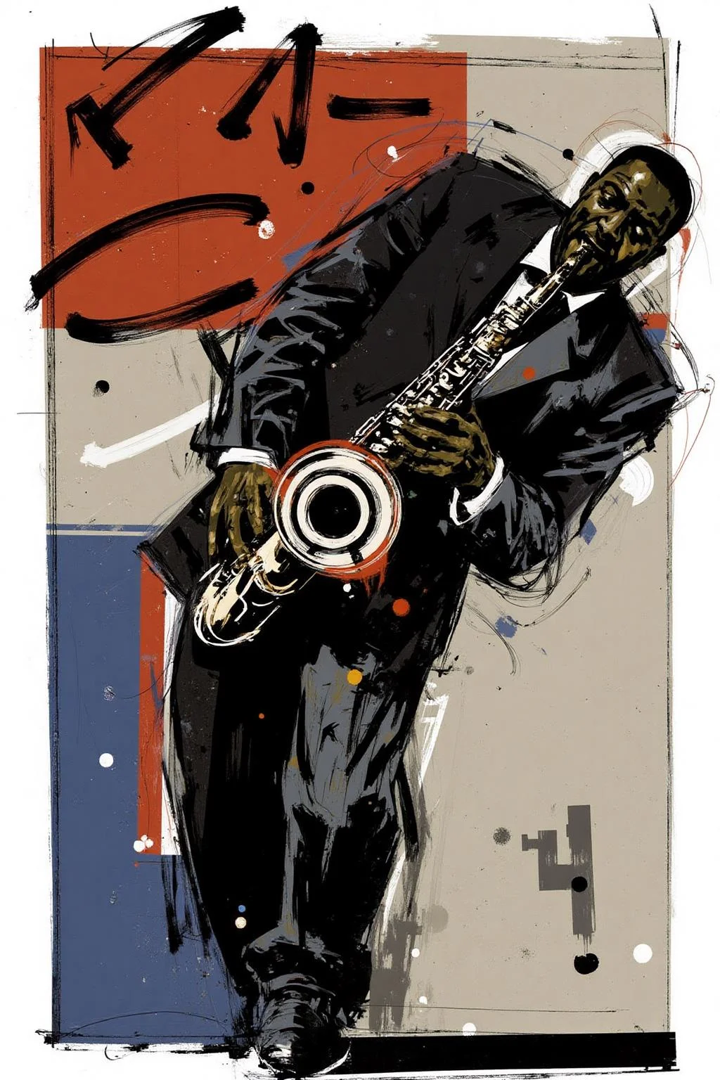 poster illustration. An African American musician, facing the viewer, is playing a saxophone. He is dressed in a dark suit and is swinging his upper body sideways. <lora:posterillustration_cap_d8a4e11:1.0><lora:846205615266170805:0>