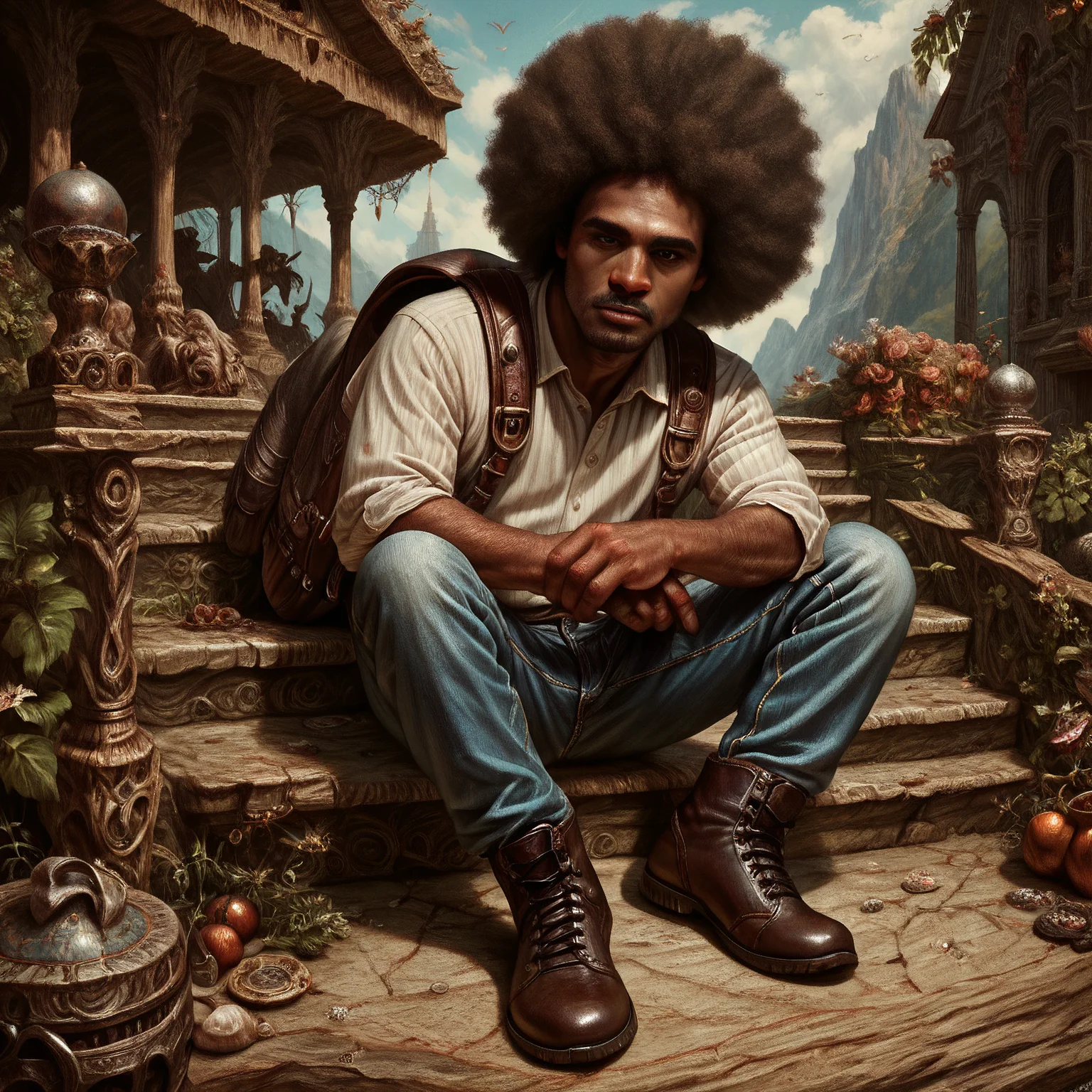 score_9, score_8_up, score_7_up, score_6_up, score_5_up, score_4_up, a highly detailed painting of a black man, 1 man, black man, dark skin, college student, large round afro, hair focus, backpack, on campus, jeans, brown leather boots<lora:detailed_notrigger> <loar:Pony_DetailV1.0> <lora:Black_Woman_v3_e6> <lora:PONYLargeRoundAfro>