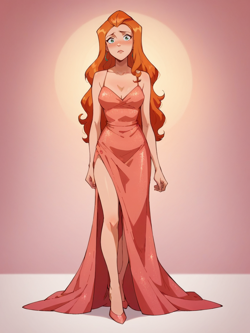 score_9, score_8_up, score_7_up, score_6_up, score_5_up,   <lora:SamTSXLP:1> samts, 1girl, long hair, solo, green eyes, orange hair, pink evening gown, full body, blush
