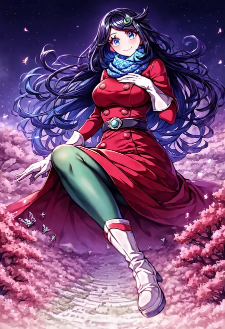 gorgeous lips, cinematic, (masterpiece), (best quality), (ultra-detailed), very aesthetic, perfect composition, intricate details, absurdres, detailed face, (anime, masterpiece, intricate:1.3), (best quality, hires textures, high detail:1.2), score_9, score_8_up, score_7_up, source_anime, 1girl, liko \(pokemon\), very long hair, black hair, blue highlights, blue eyes, eyelashes, hair ornament, scarf, dress, red dress, long sleeves, buttons, gloves, white gloves, belt, pantyhose, green pantyhose, boots, white heel footwear, butterflies, skirt, floral patterns, alternate_costume, large breasts, facial expression, kind, soft eyes, head tilt, slightly smiling, closed mouth, hand on breasts, breasts covered, goddess, planet size, giantess, enormous body, growing even bigger, towering over cities, small planet, in the city, sitting on a city, floating object, gradient eyes, beautiful detailed eyes, Chinatown background, Chinatown landscape, Chinatown, temples, outdoors, cherry blossom forest, small lakes, holding planet, (masterpiece:1.4), (best quality:1.4), (ultra-detailed:1.2), gl0w, glow,