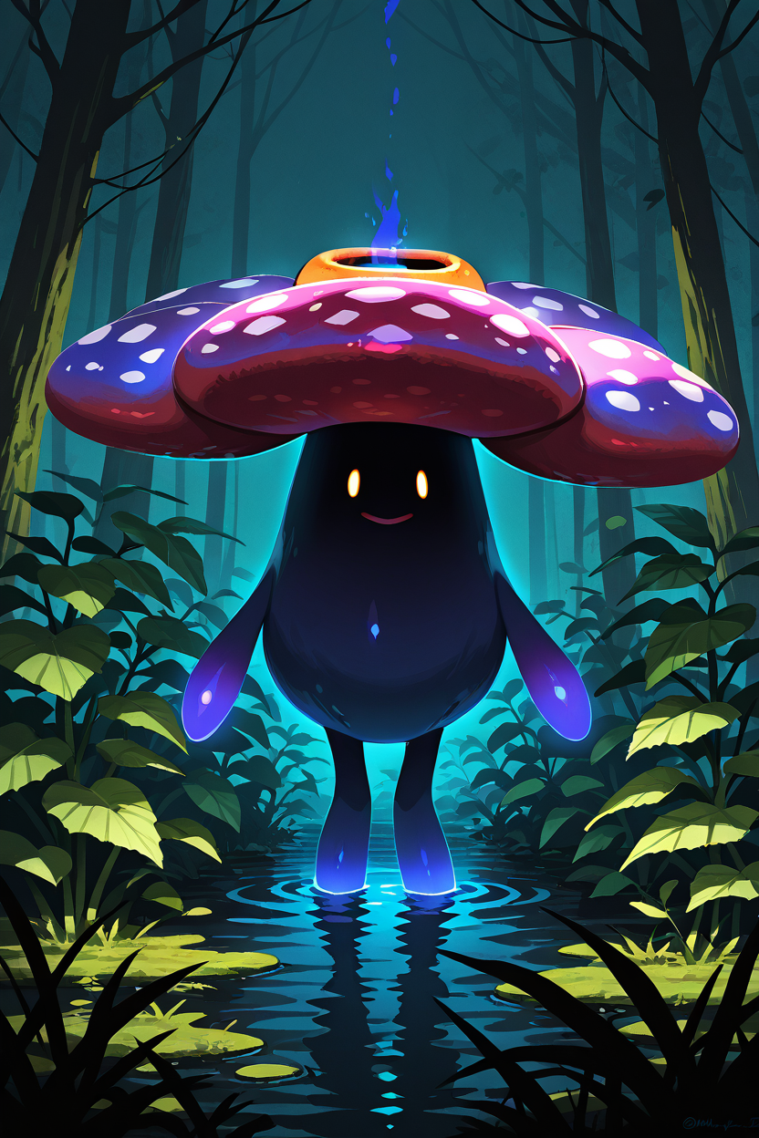 masterpiece, best quality,   Vileplume, solo, no humans, <lora:VileplumePokedexIXL:1.0>,   toxic swamp, glowing purple mist, murky water, bioluminescent plants, eerie neon glow, dark atmosphere, large flower emitting spores, dangerous beauty, ominous environment, cinematic lighting, foreboding