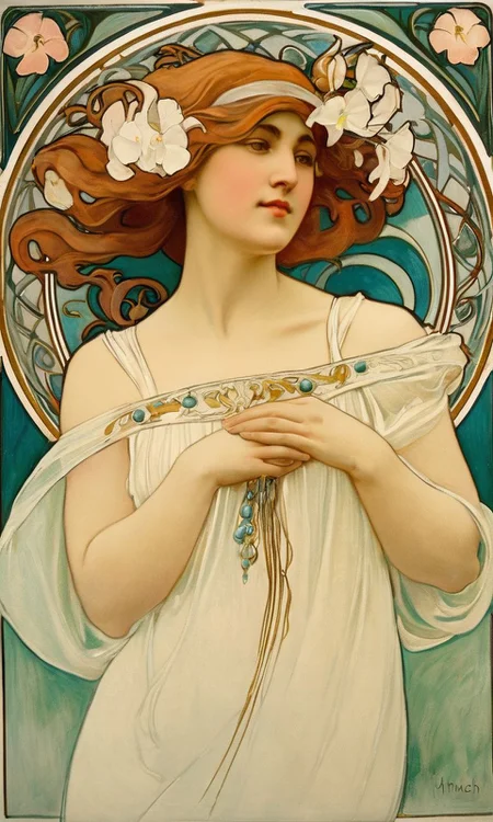 a portrait painting of a woman by AlfMch, flower, white dress, simple background, art nouveau, <lora:mucha_XL:0.88>