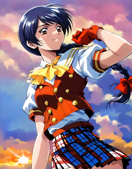 <lora:pony_xl_raizze:0.8>,raizze,score_9,score_8_up,score_7_up,source_anime,1girl,school uniform,red vest,puffy short sleeves,white shirt,ascot,red gloves,red skirt,miniskirt,pleated skirt,plaid skirt,sunset,a lonely smile,hands_on_own_chest,cowboy_shot,