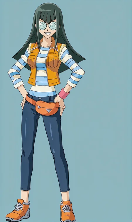CC, 1girl, solo, green hair, long hair, round glasses, orange vest, striped long sleeve shirt, pink wristband, capri pants, orange belt pouch, shoes, standing, full body, hands on hips, looking at viewer, grin, aqua background, simple background,<lora:Carly Carmine Pony XL:1>