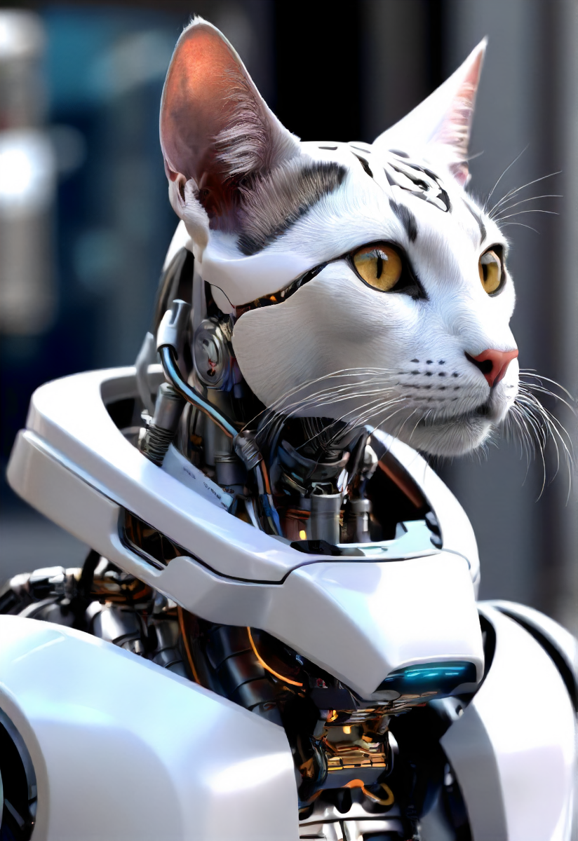 cat, detailed, clean, futuristic, technological, cybernetic enhancements, robotics