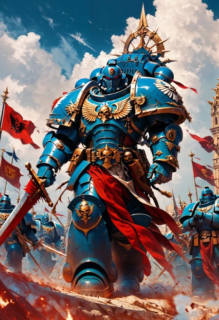 (score_9, score_8_up), score_7_up, <lora:UltraM40k:0.8> UltraM40k, power armor, face mask, weapon, sword, flag, cloud, red eyes, sky, helmet, army, holding sword