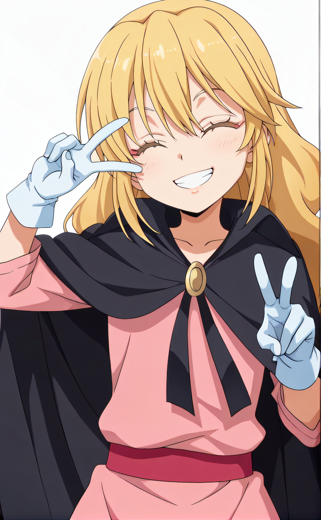 masterpiece, best quality, highres, newest, 1girl, solo, official style, anime screencap, <lora:IL_Alice_Rondo:1>, alicerondo, closed eyes, blonde hair, long hair, black cape, pink dress, red belt, white gloves, upper body, teeth, smile, grin, peace sign, five fingers, simple background